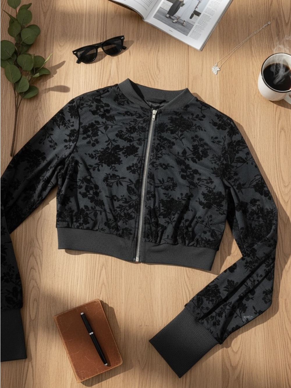 SHEIN Black Floral Velvet-Texture Bomber Jacket